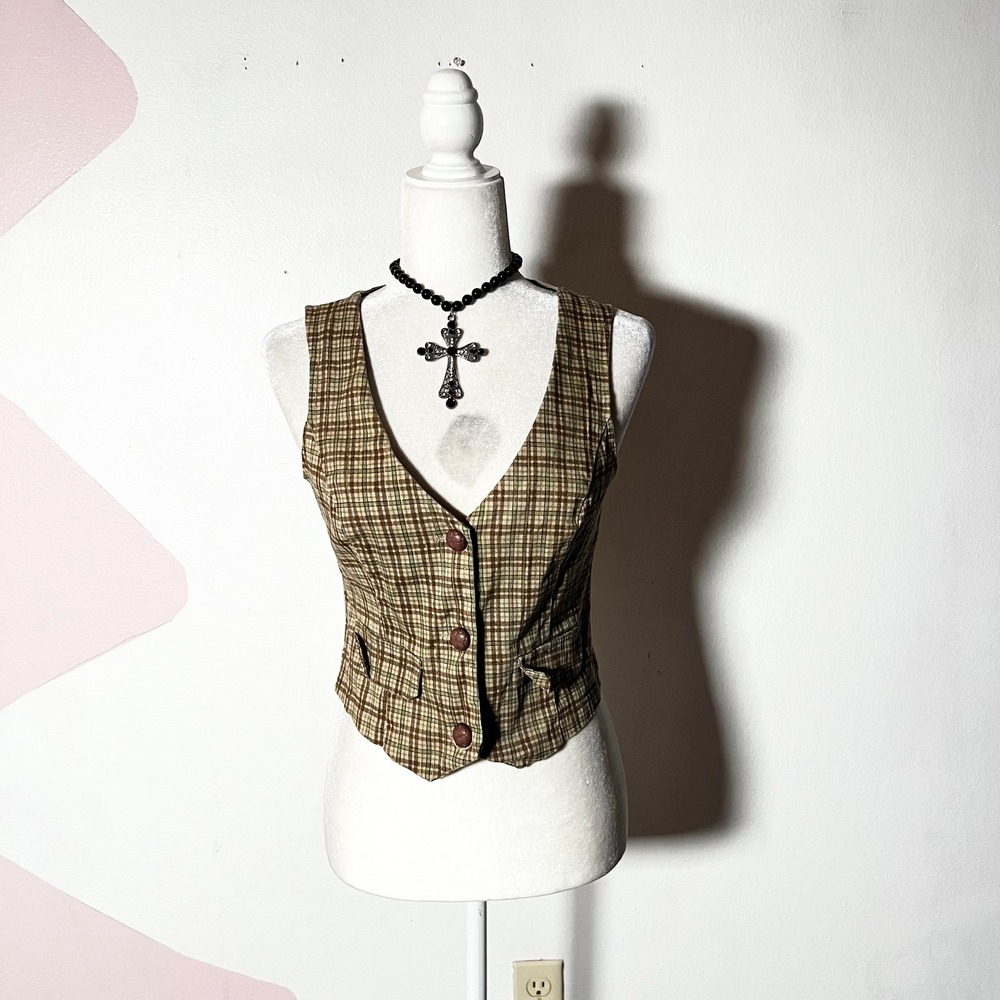 Vintage Plaid Button Front Vest Medium Brown Green Academia Waistcoat